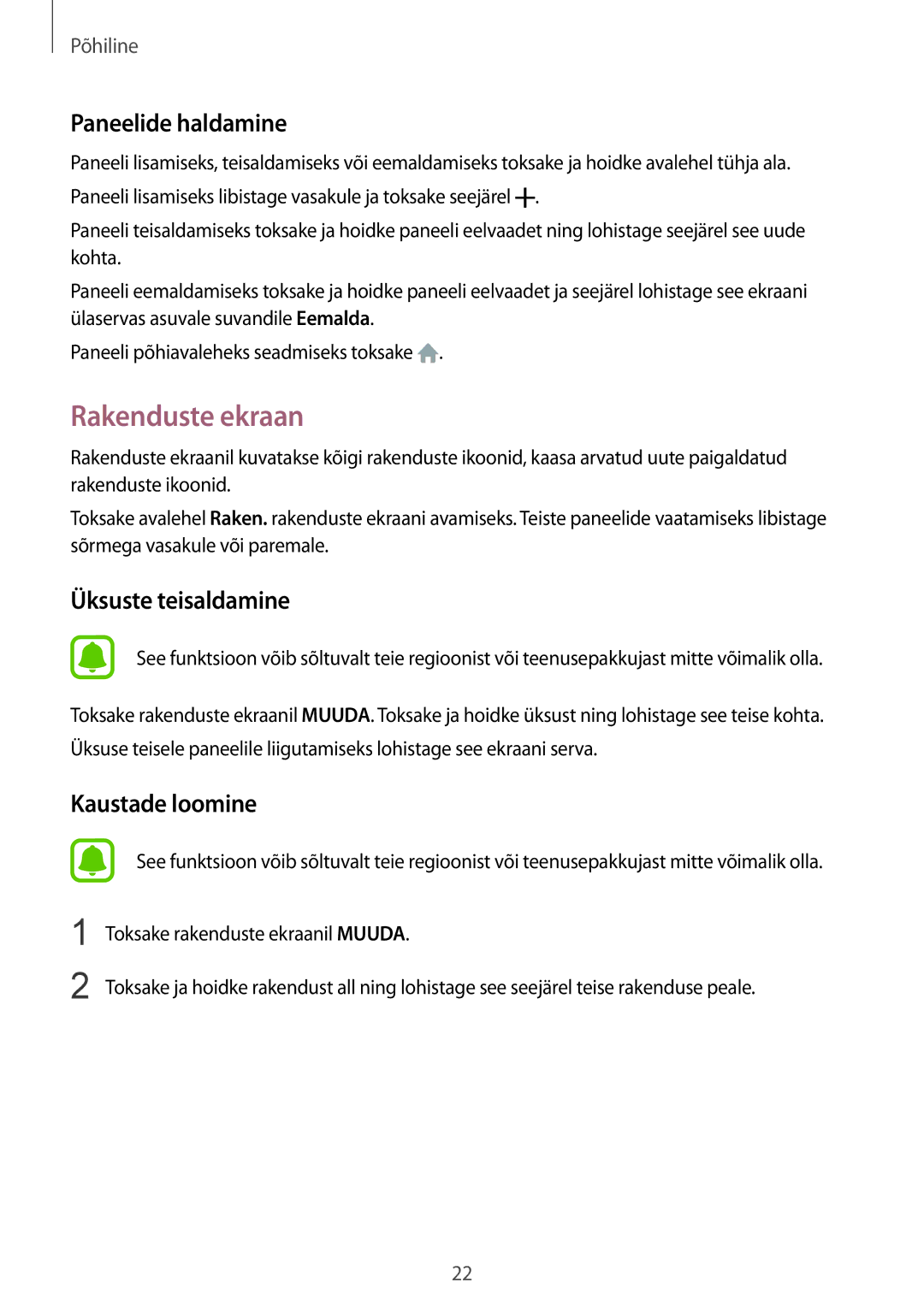 Samsung SM-A310FZKASEB, SM-A310FZDASEB manual Rakenduste ekraan, Paneelide haldamine, Üksuste teisaldamine 