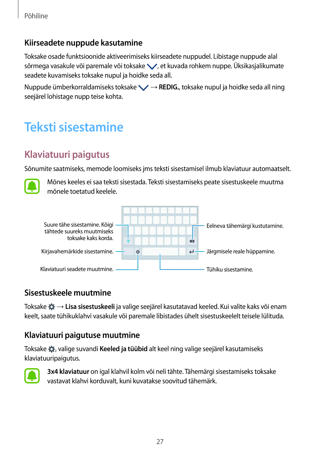 Samsung SM-A310FZDASEB Teksti sisestamine, Klaviatuuri paigutus, Kiirseadete nuppude kasutamine, Sisestuskeele muutmine 