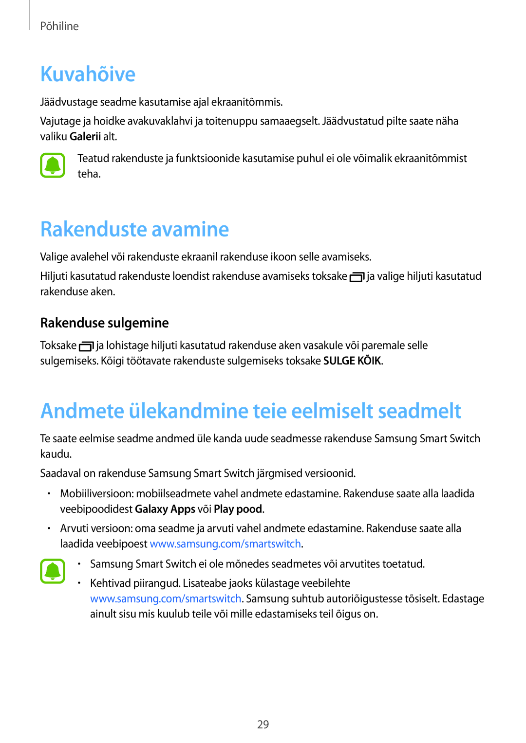 Samsung SM-A310FZDASEB, SM-A310FZKASEB manual Kuvahõive, Rakenduste avamine, Rakenduse sulgemine 