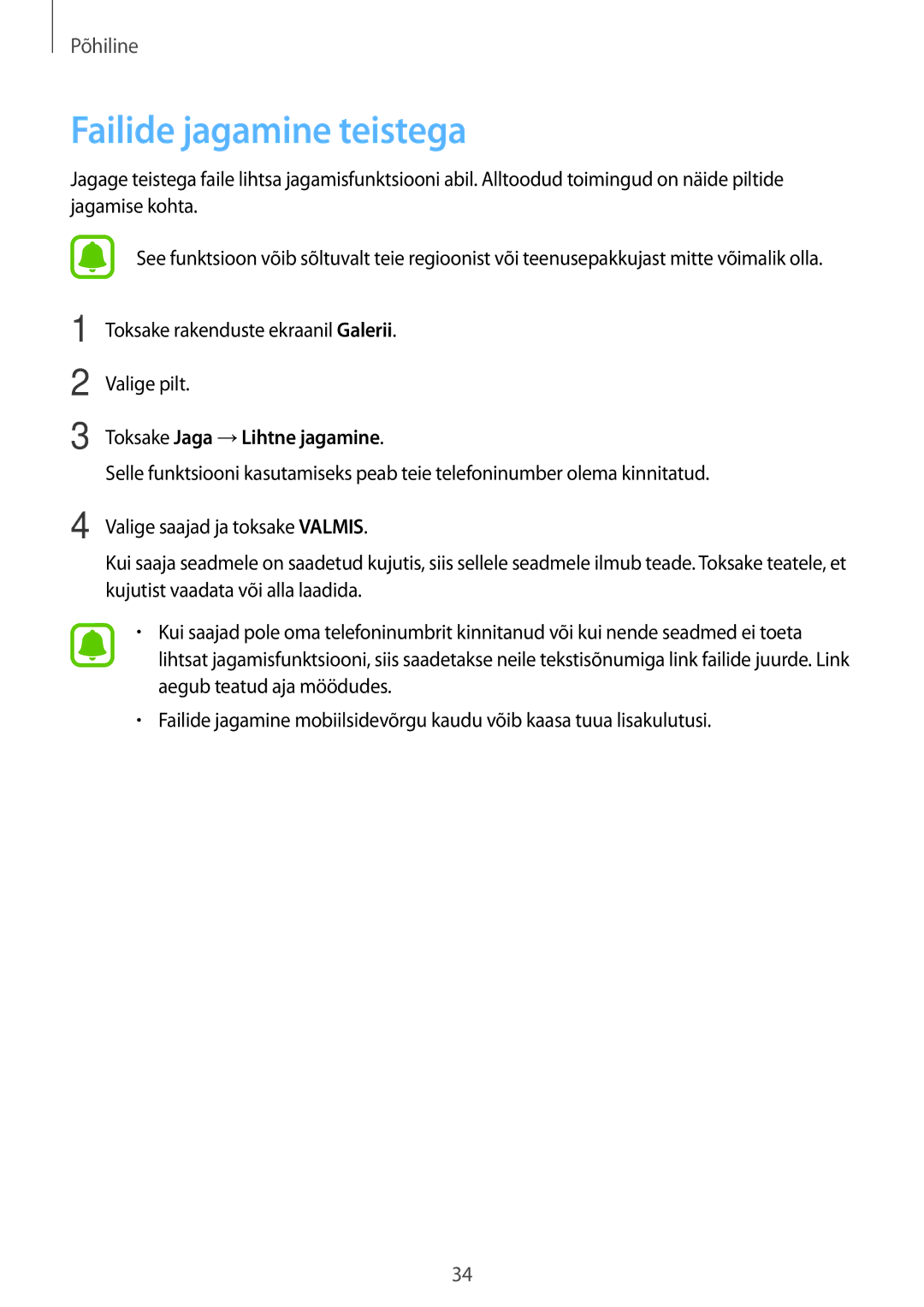 Samsung SM-A310FZKASEB, SM-A310FZDASEB manual Failide jagamine teistega, Toksake Jaga →Lihtne jagamine 