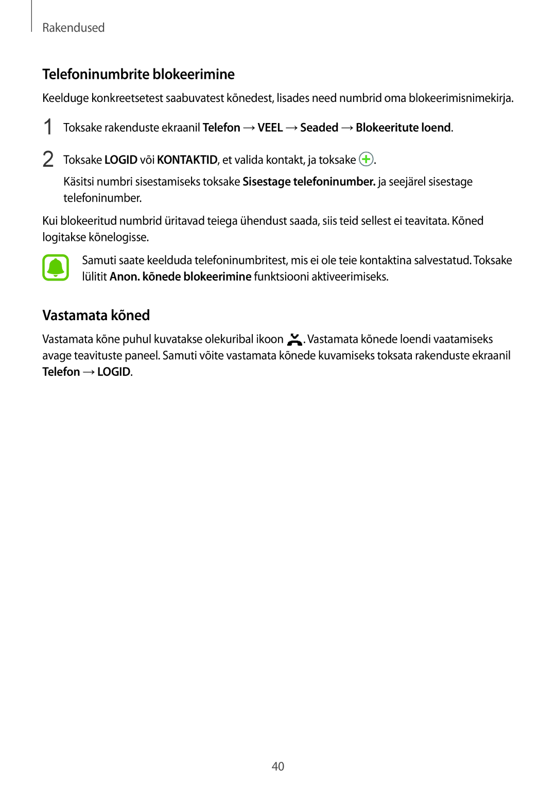 Samsung SM-A310FZKASEB, SM-A310FZDASEB manual Telefoninumbrite blokeerimine, Vastamata kõned 