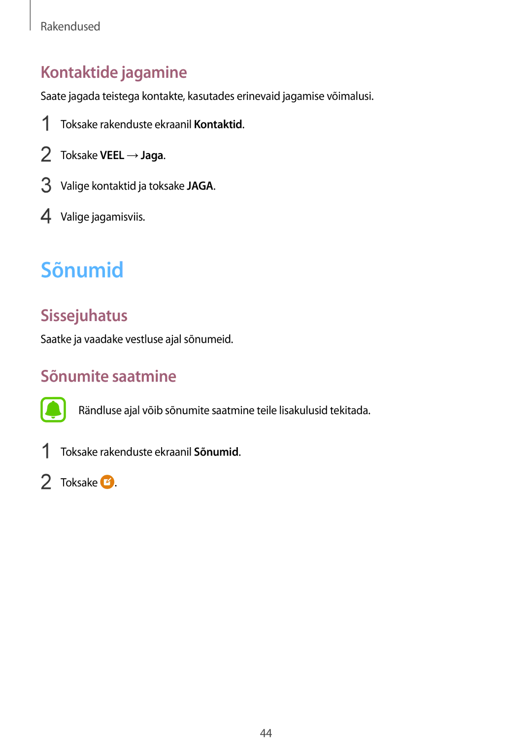 Samsung SM-A310FZKASEB, SM-A310FZDASEB manual Sõnumid, Kontaktide jagamine, Sõnumite saatmine 