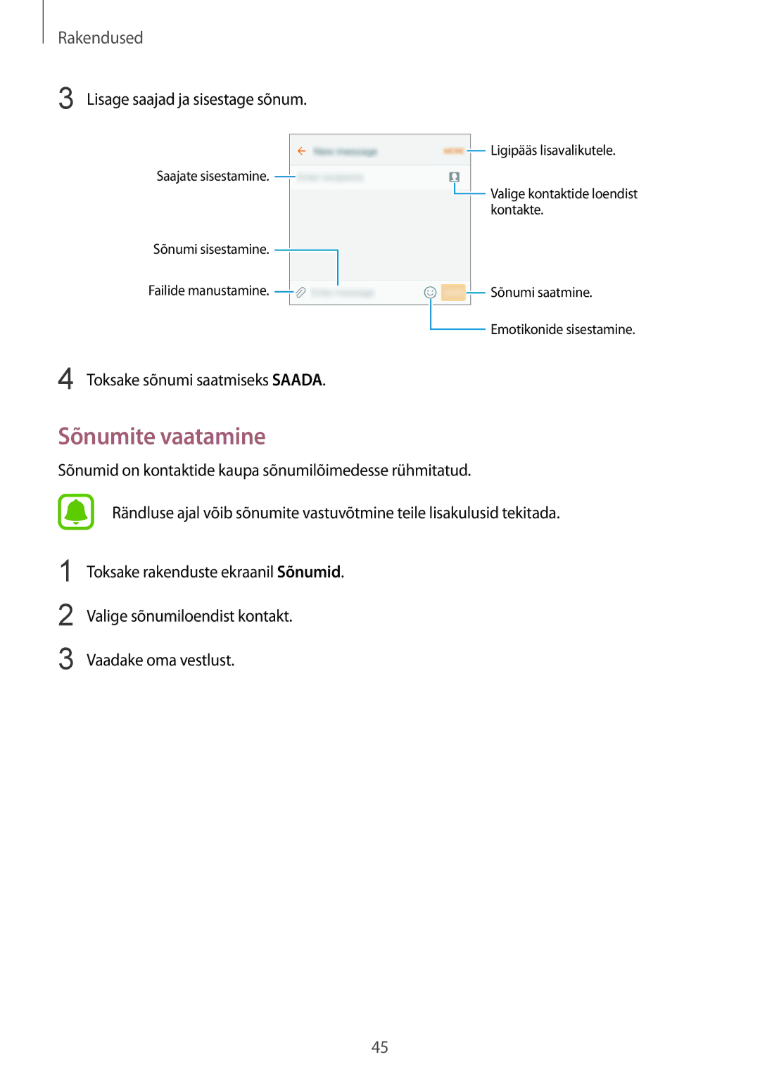 Samsung SM-A310FZDASEB, SM-A310FZKASEB manual Sõnumite vaatamine, Lisage saajad ja sisestage sõnum 