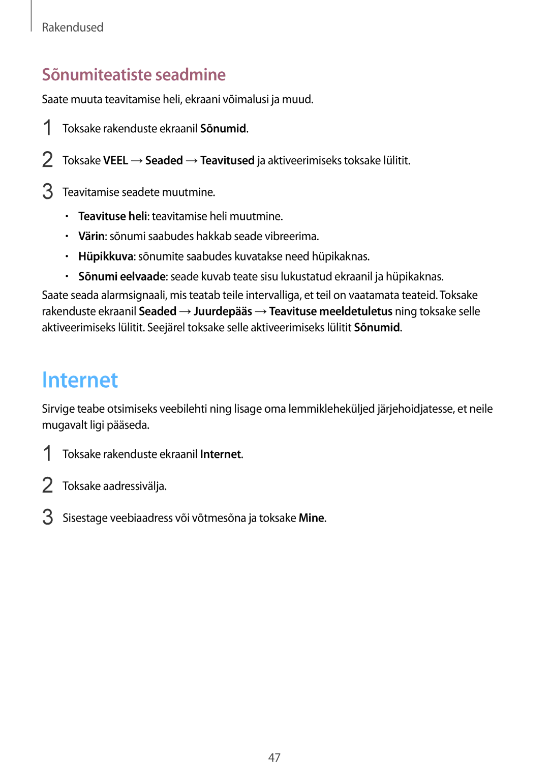 Samsung SM-A310FZDASEB, SM-A310FZKASEB manual Internet, Sõnumiteatiste seadmine 