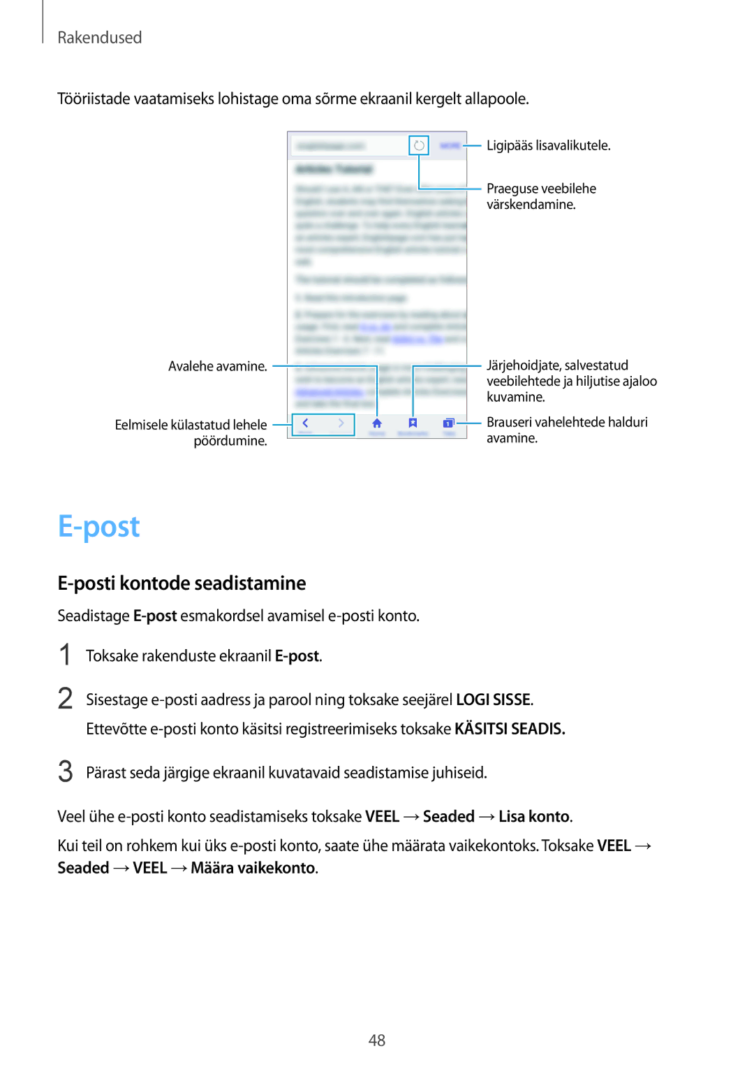 Samsung SM-A310FZKASEB, SM-A310FZDASEB manual Posti kontode seadistamine 