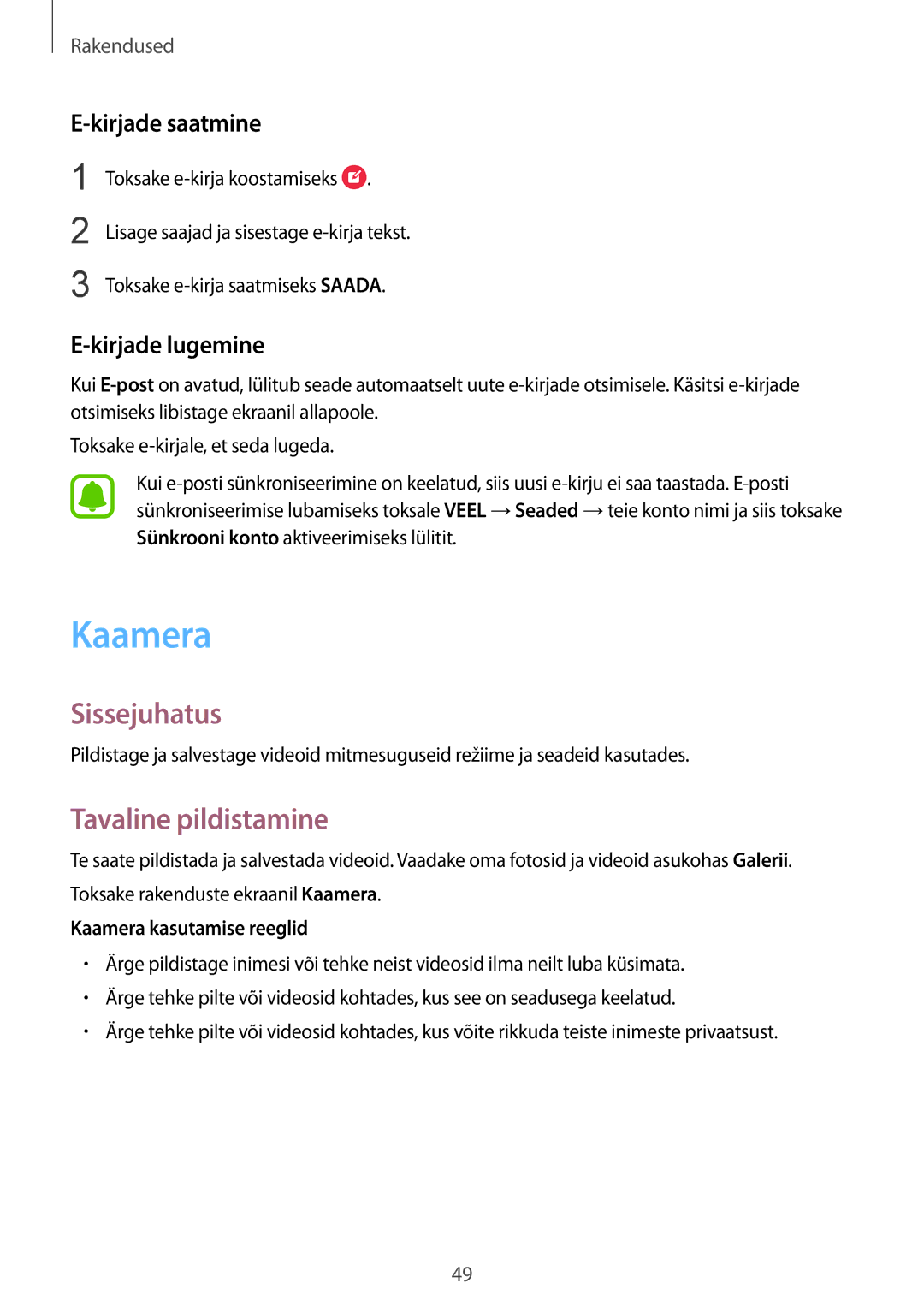 Samsung SM-A310FZDASEB manual Tavaline pildistamine, Kirjade saatmine, Kirjade lugemine, Kaamera kasutamise reeglid 