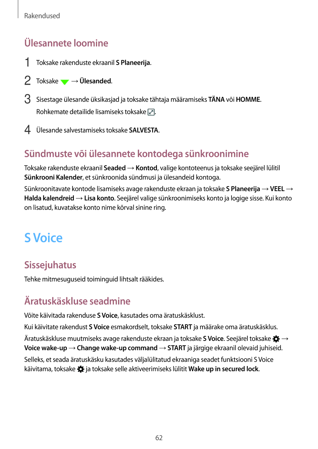 Samsung SM-A310FZKASEB manual Voice, Ülesannete loomine, Sündmuste või ülesannete kontodega sünkroonimine, →Ülesanded 