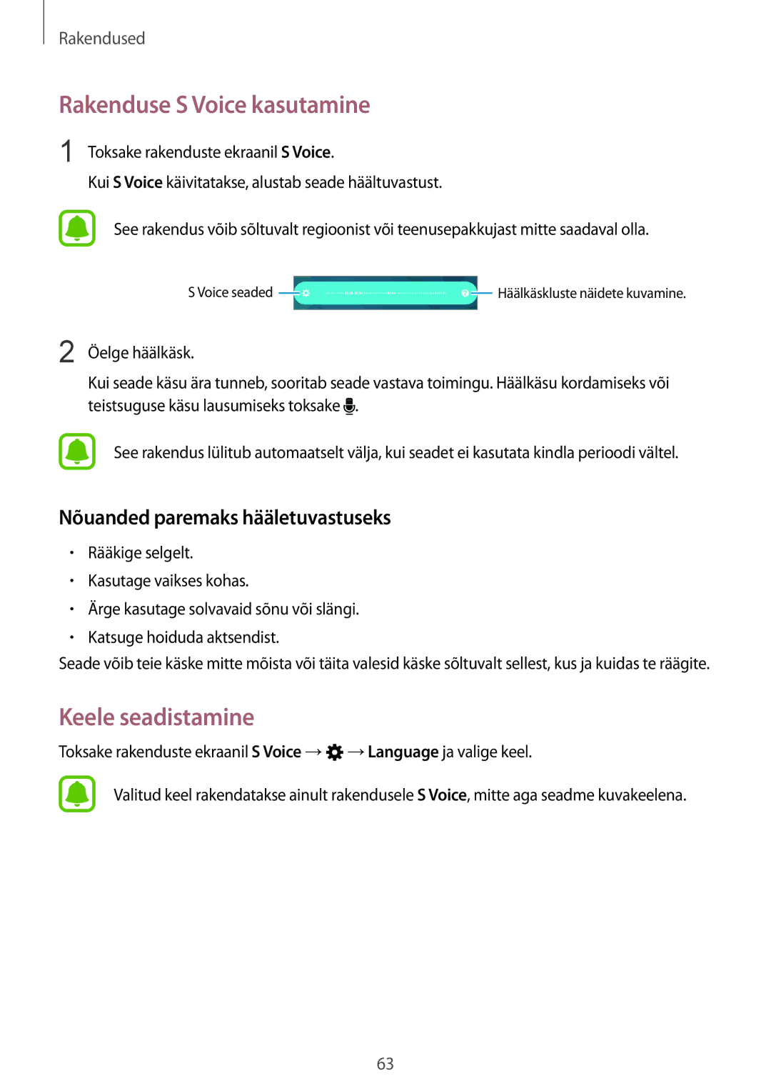 Samsung SM-A310FZDASEB manual Rakenduse S Voice kasutamine, Keele seadistamine, Nõuanded paremaks hääletuvastuseks 