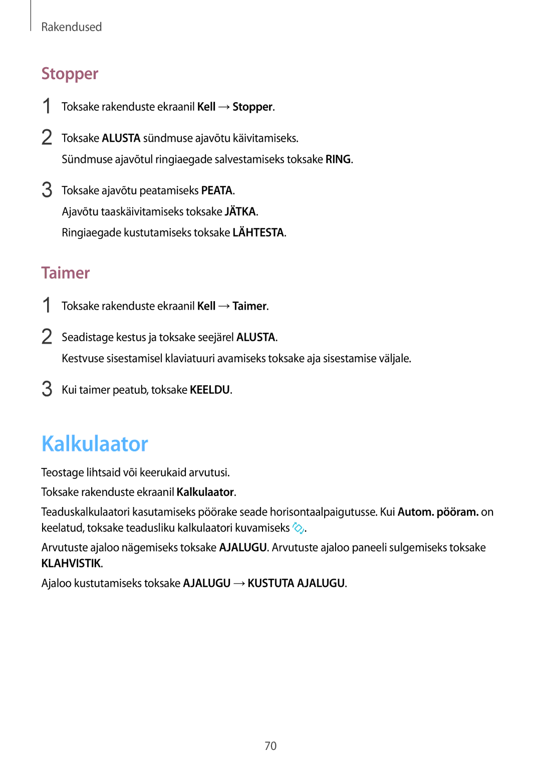 Samsung SM-A310FZKASEB, SM-A310FZDASEB manual Kalkulaator, Stopper, Taimer 