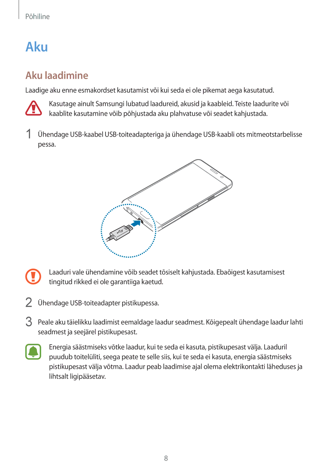 Samsung SM-A310FZKASEB, SM-A310FZDASEB manual Aku laadimine 