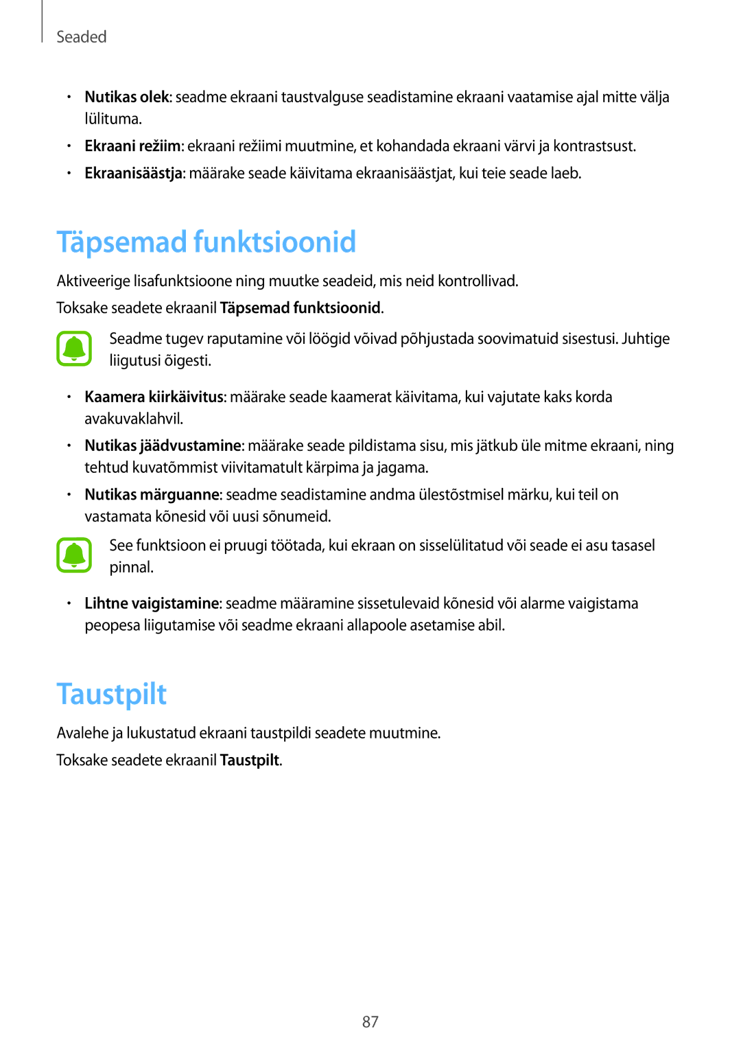 Samsung SM-A310FZDASEB, SM-A310FZKASEB manual Täpsemad funktsioonid, Taustpilt 