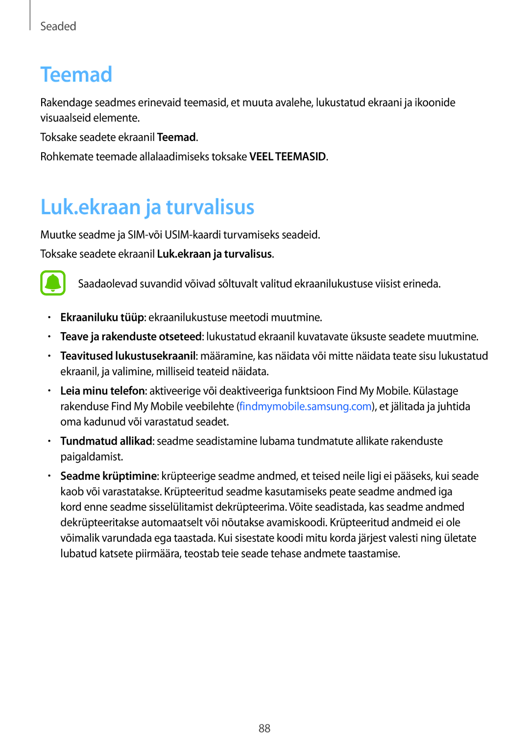 Samsung SM-A310FZKASEB, SM-A310FZDASEB manual Teemad, Luk.ekraan ja turvalisus 