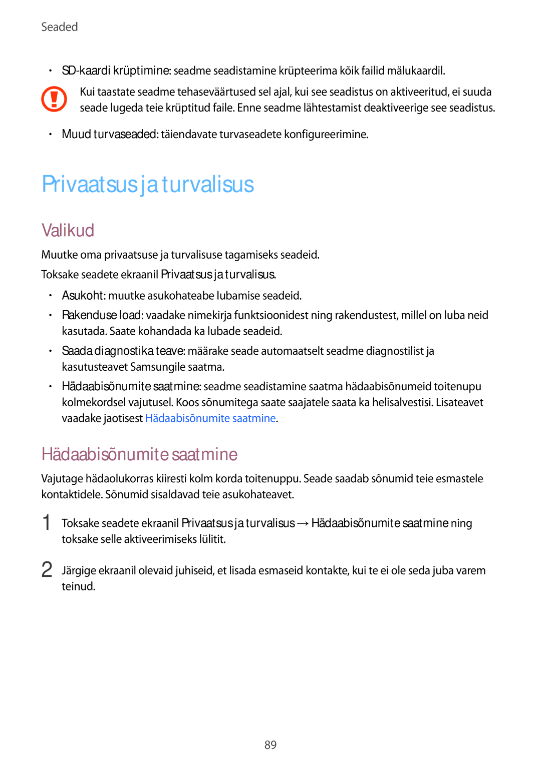 Samsung SM-A310FZDASEB, SM-A310FZKASEB manual Privaatsus ja turvalisus, Hädaabisõnumite saatmine 