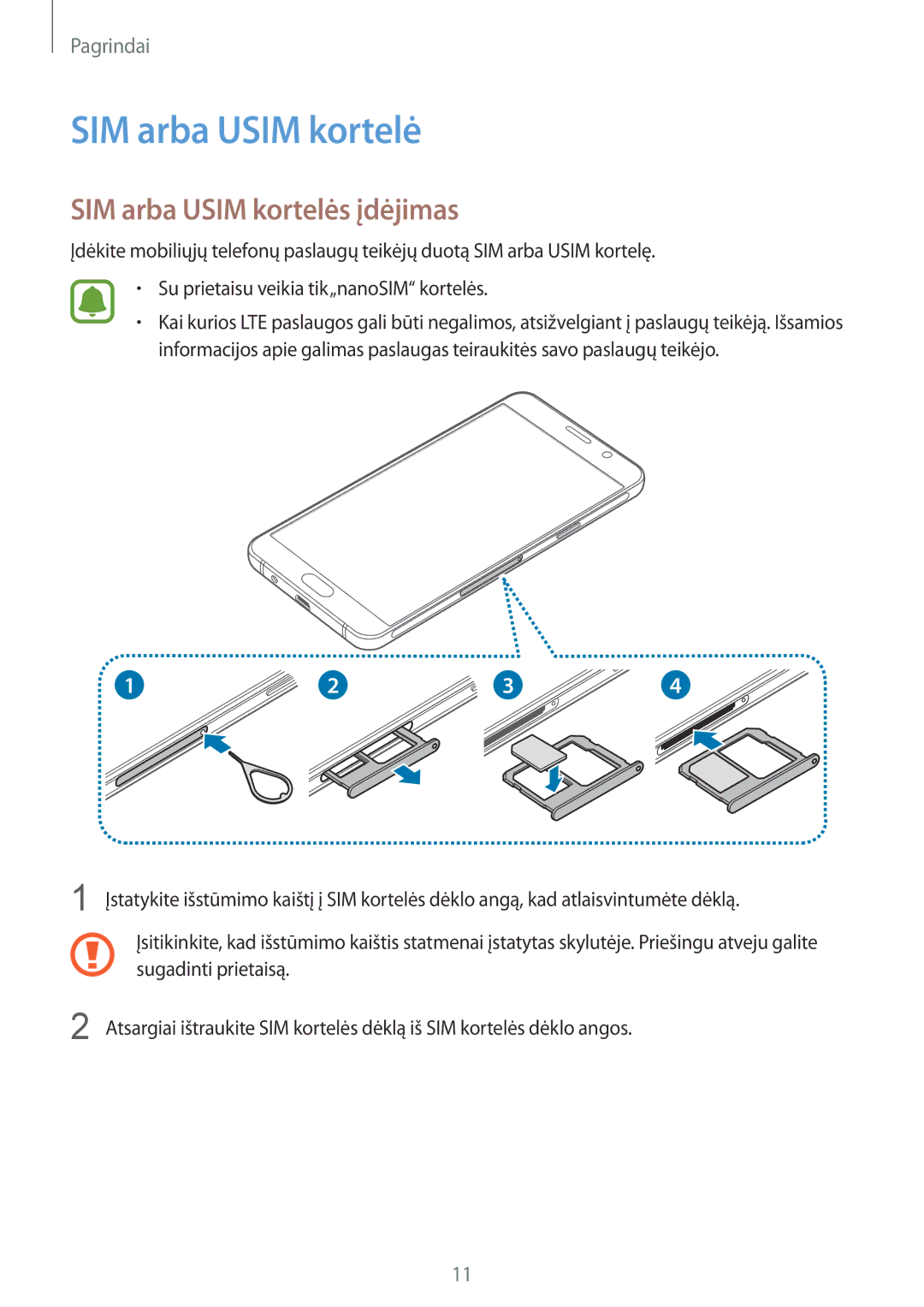 Samsung SM-A310FZDASEB, SM-A310FZKASEB manual SIM arba Usim kortelės įdėjimas 