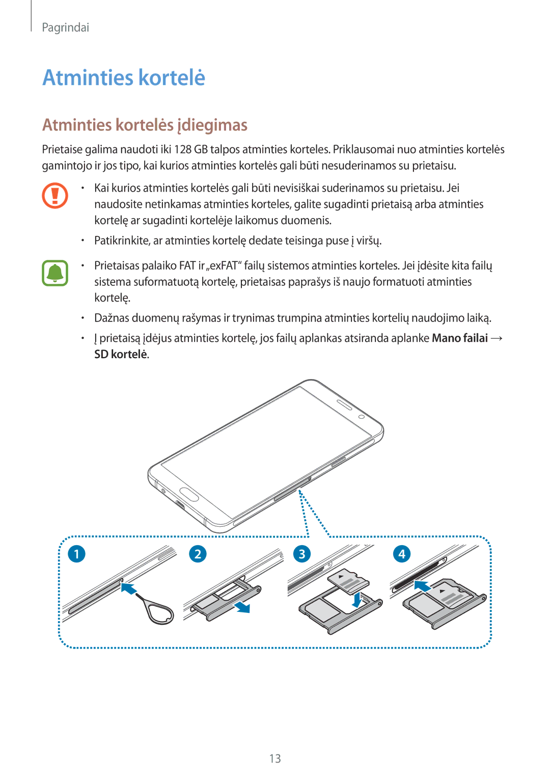 Samsung SM-A310FZDASEB, SM-A310FZKASEB manual Atminties kortelės įdiegimas 