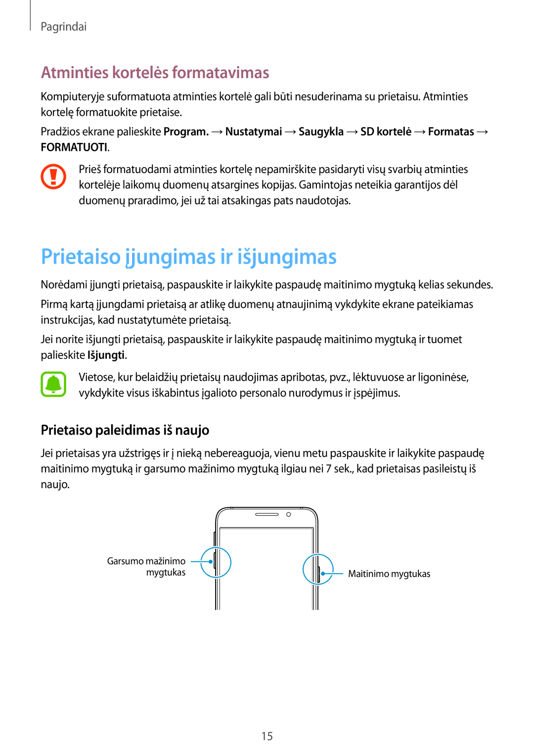 Samsung SM-A310FZDASEB Prietaiso įjungimas ir išjungimas, Atminties kortelės formatavimas, Prietaiso paleidimas iš naujo 