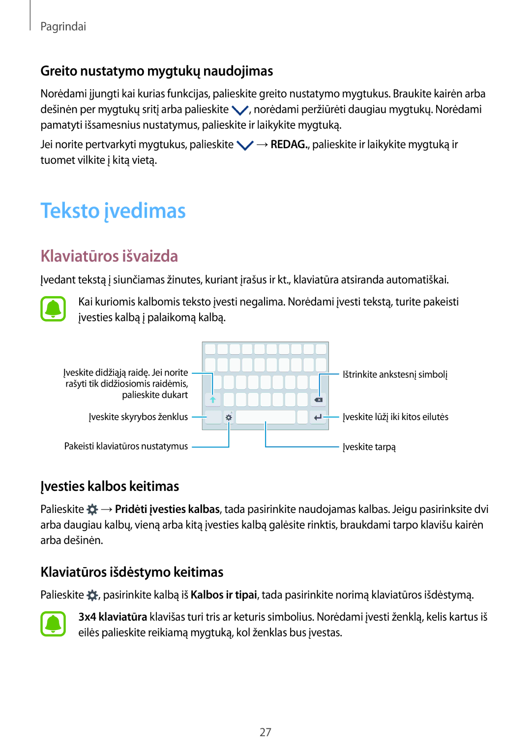 Samsung SM-A310FZDASEB, SM-A310FZKASEB manual Teksto įvedimas, Klaviatūros išvaizda, Greito nustatymo mygtukų naudojimas 