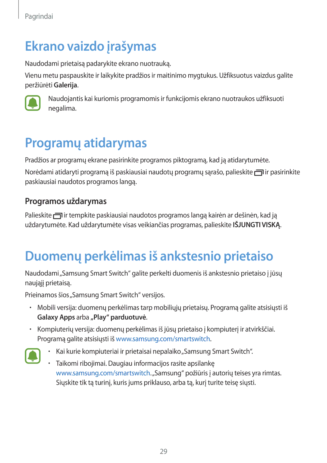 Samsung SM-A310FZDASEB manual Ekrano vaizdo įrašymas, Programų atidarymas, Duomenų perkėlimas iš ankstesnio prietaiso 