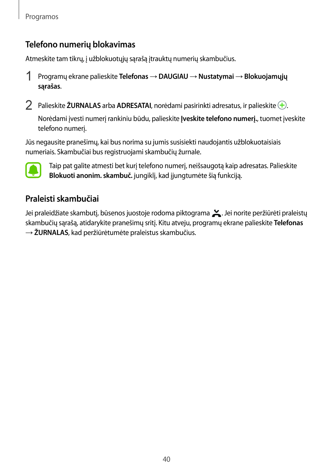 Samsung SM-A310FZKASEB, SM-A310FZDASEB manual Telefono numerių blokavimas, Praleisti skambučiai, Sąrašas 