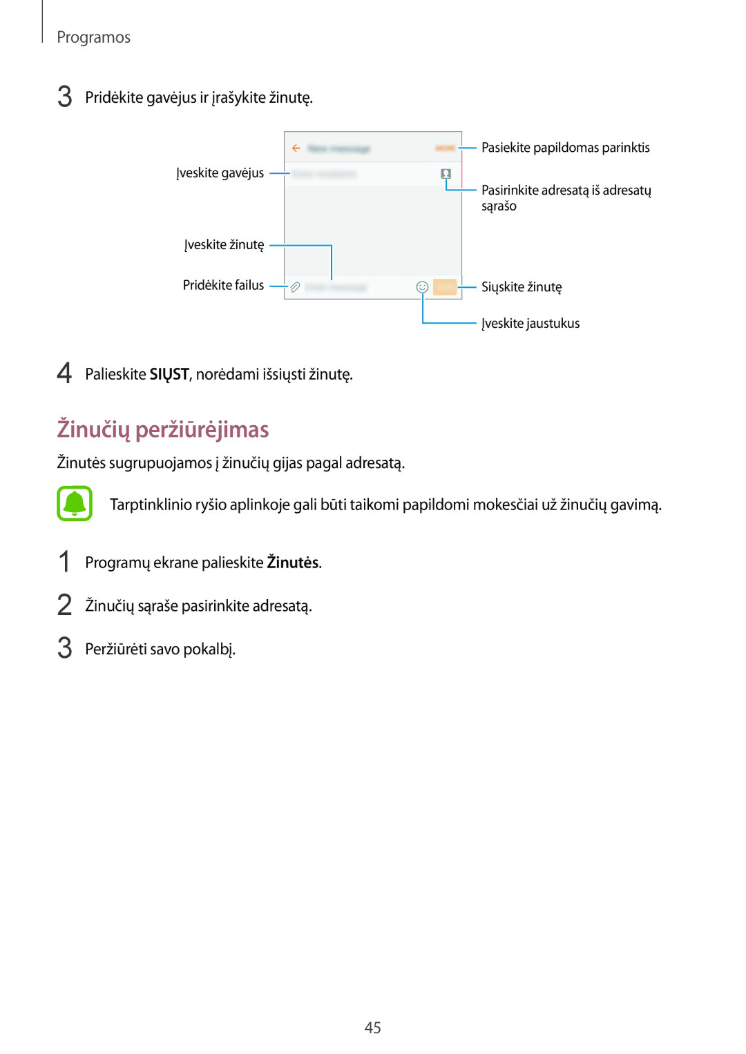 Samsung SM-A310FZDASEB, SM-A310FZKASEB manual Žinučių peržiūrėjimas, Pridėkite gavėjus ir įrašykite žinutę 