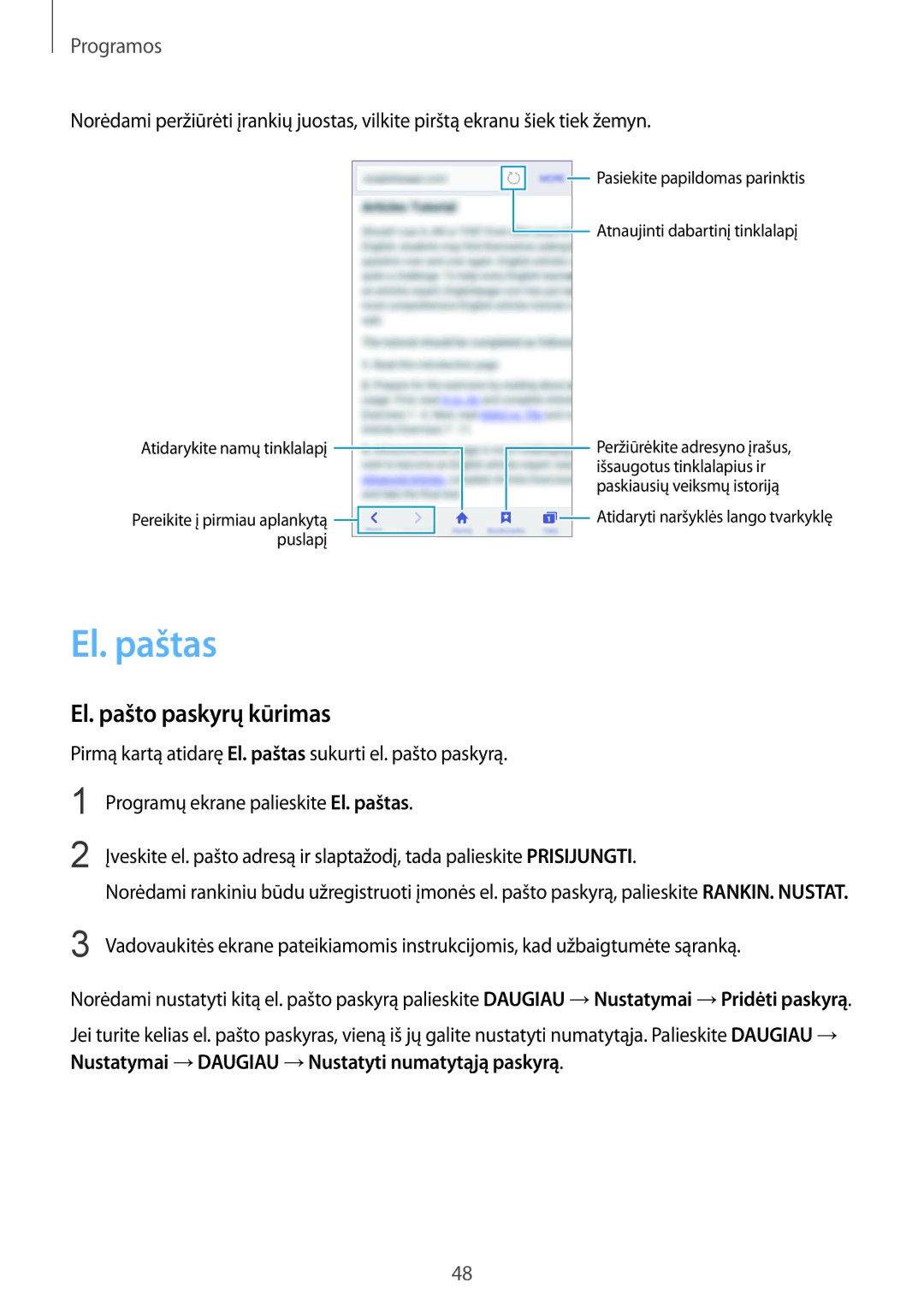 Samsung SM-A310FZKASEB, SM-A310FZDASEB manual El. paštas, El. pašto paskyrų kūrimas 