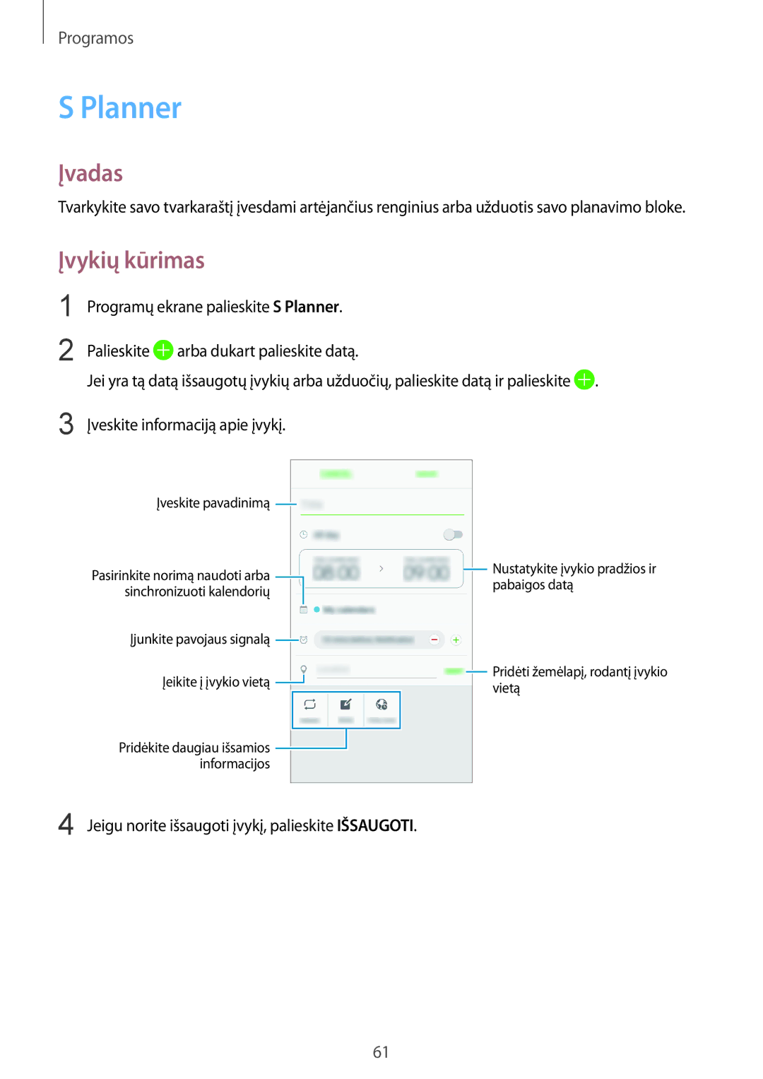 Samsung SM-A310FZDASEB, SM-A310FZKASEB manual Planner, Įvykių kūrimas 