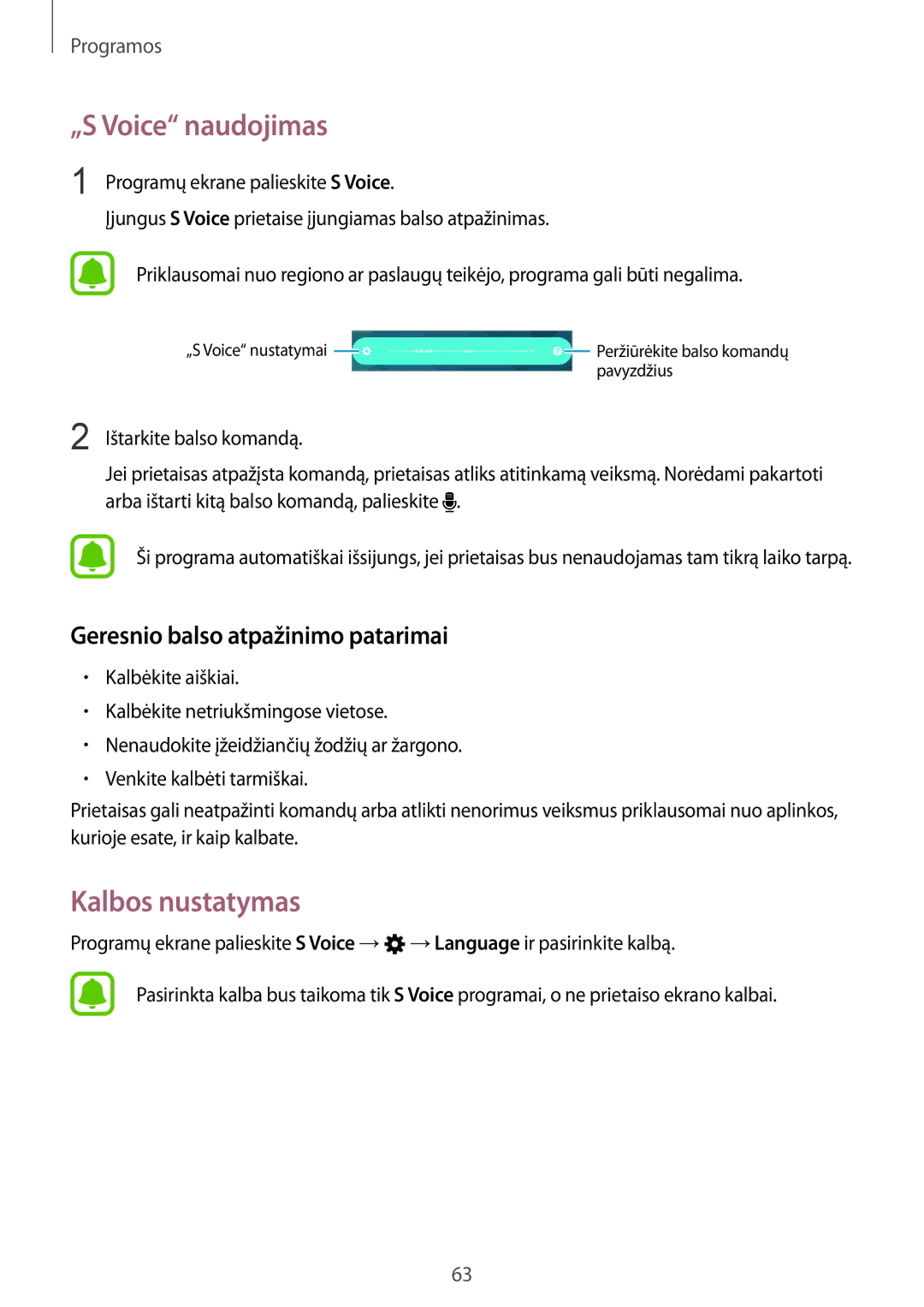 Samsung SM-A310FZDASEB, SM-A310FZKASEB manual „S Voice naudojimas, Kalbos nustatymas, Geresnio balso atpažinimo patarimai 