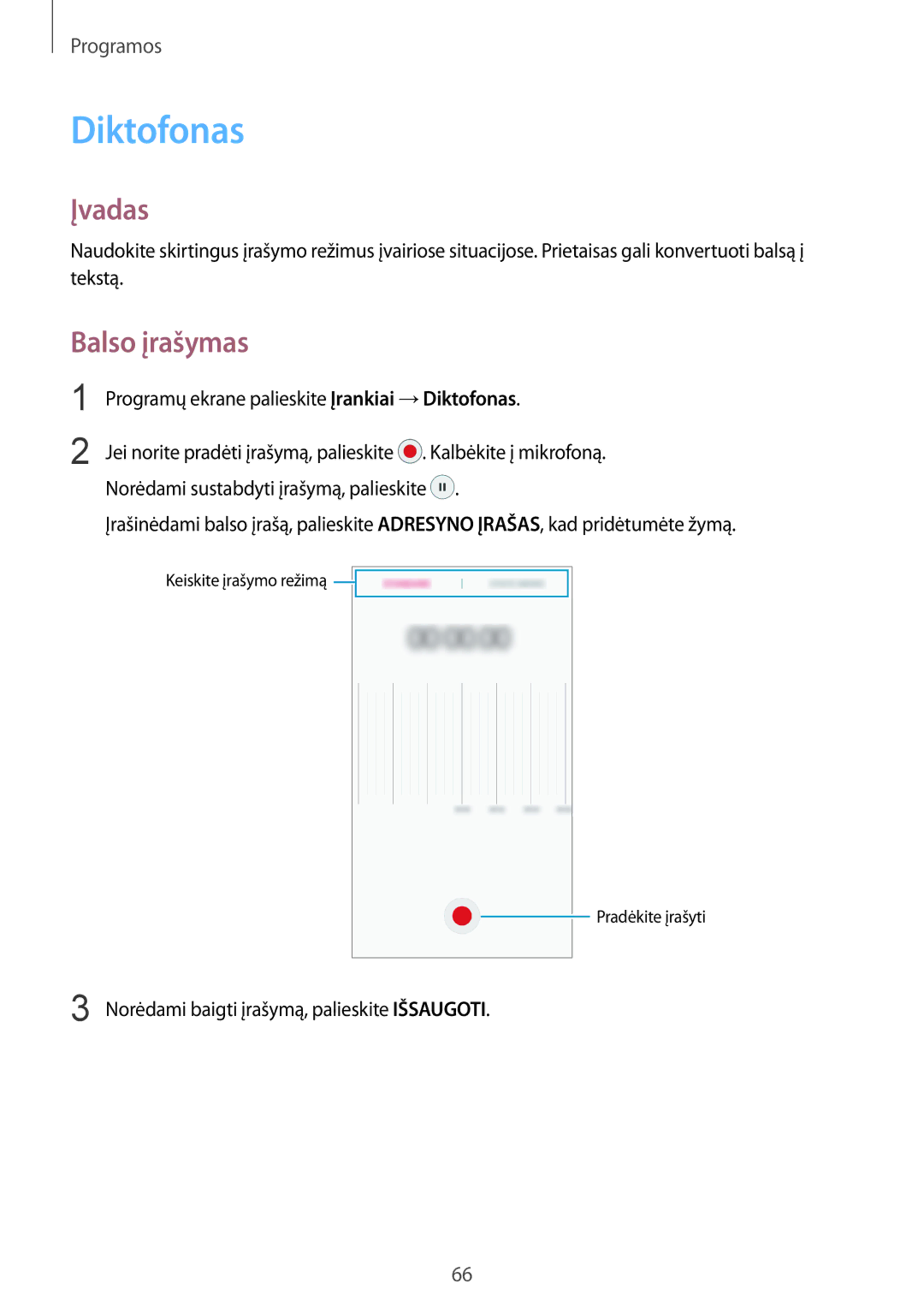 Samsung SM-A310FZKASEB, SM-A310FZDASEB manual Diktofonas, Balso įrašymas 