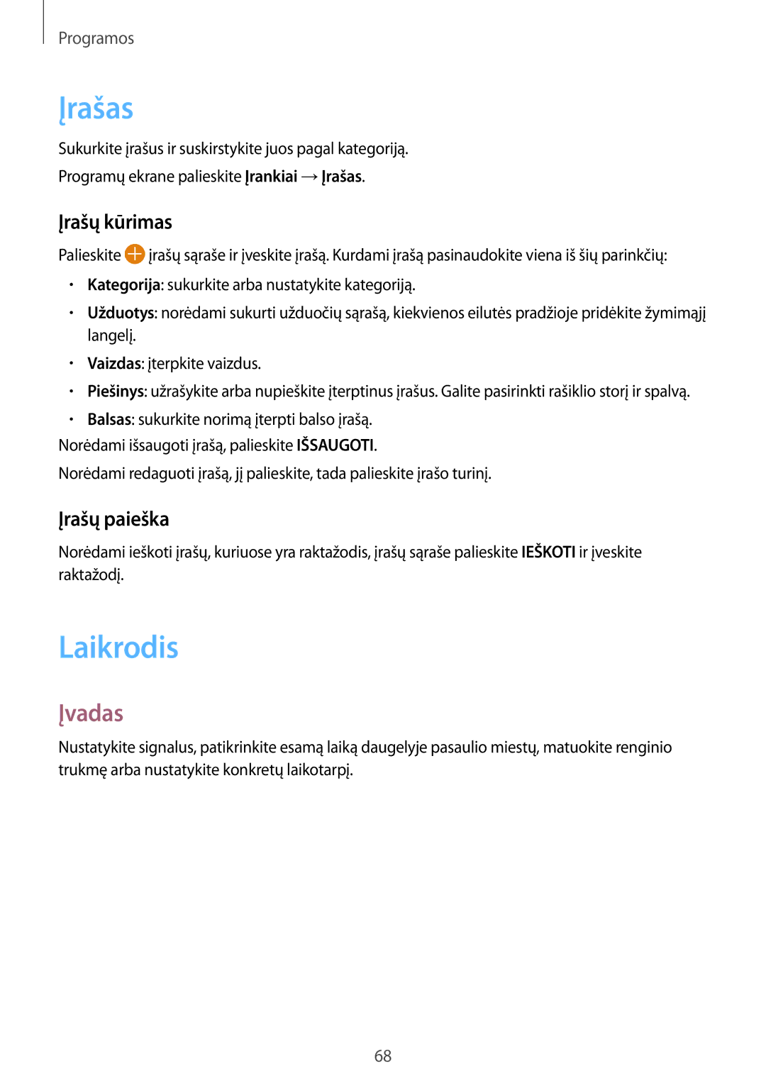 Samsung SM-A310FZKASEB, SM-A310FZDASEB manual Įrašas, Laikrodis, Įrašų kūrimas, Įrašų paieška 