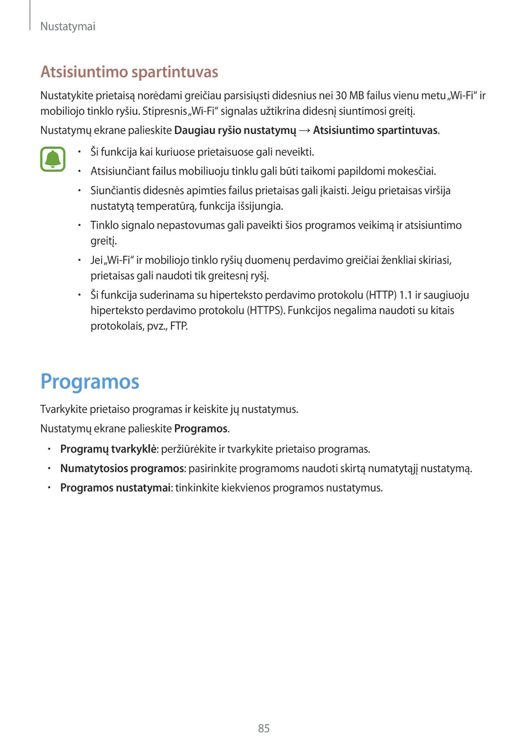 Samsung SM-A310FZDASEB, SM-A310FZKASEB manual Programos, Atsisiuntimo spartintuvas 