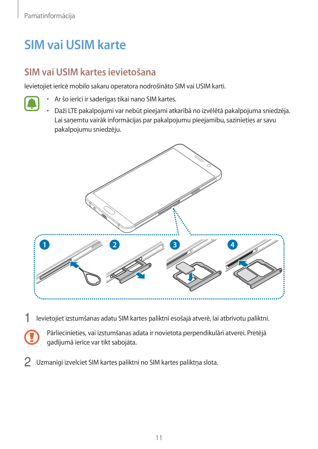 Samsung SM-A310FZDASEB, SM-A310FZKASEB manual SIM vai Usim kartes ievietošana 