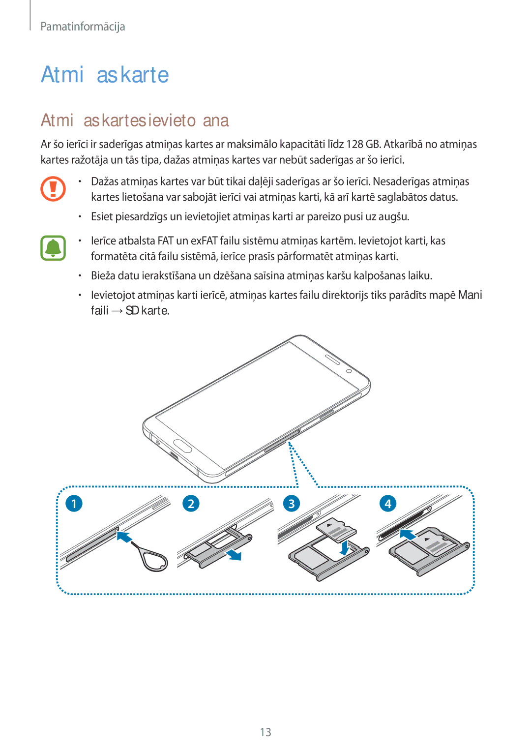 Samsung SM-A310FZDASEB, SM-A310FZKASEB manual Atmiņas kartes ievietošana 