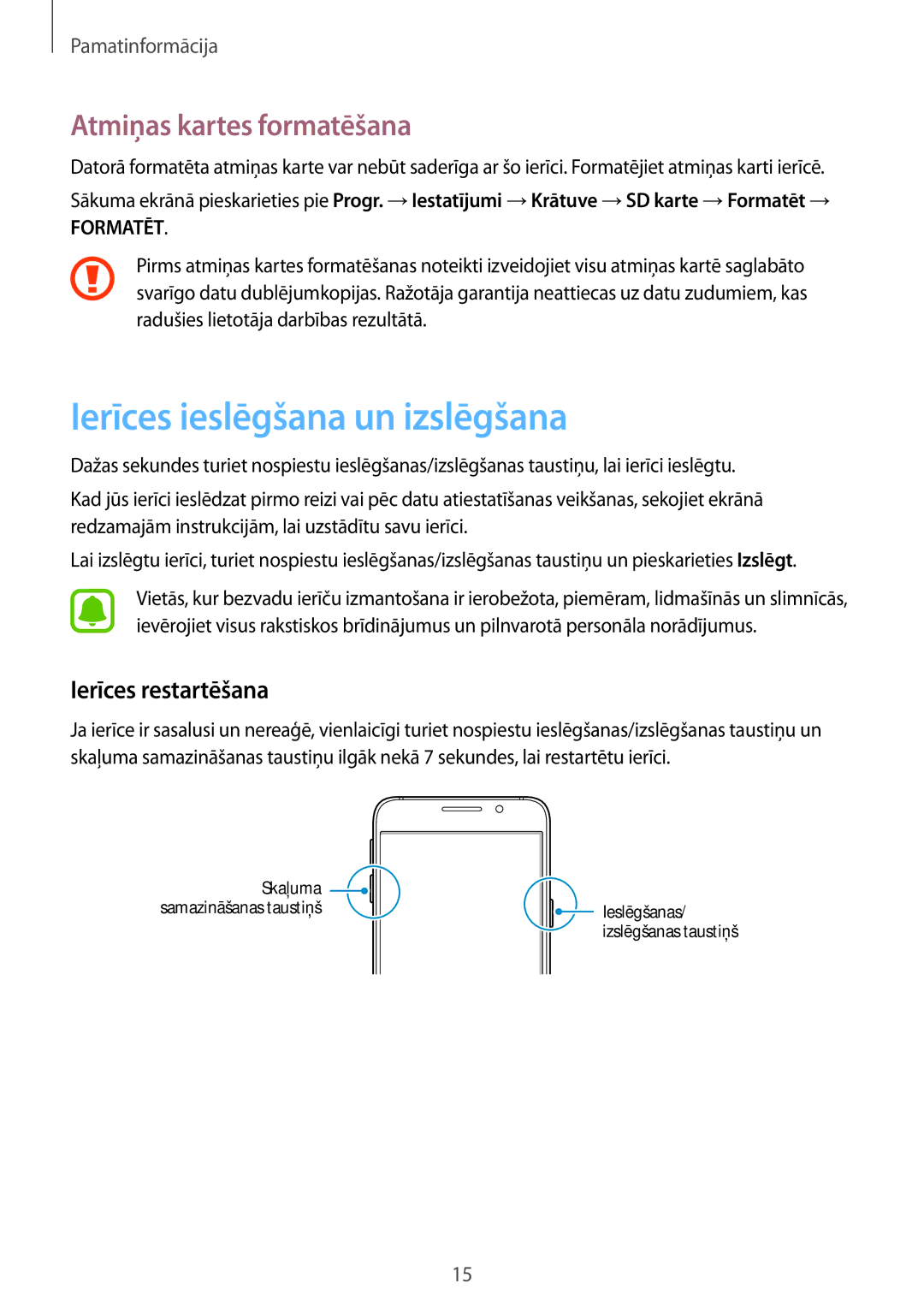 Samsung SM-A310FZDASEB, SM-A310FZKASEB Ierīces ieslēgšana un izslēgšana, Atmiņas kartes formatēšana, Ierīces restartēšana 