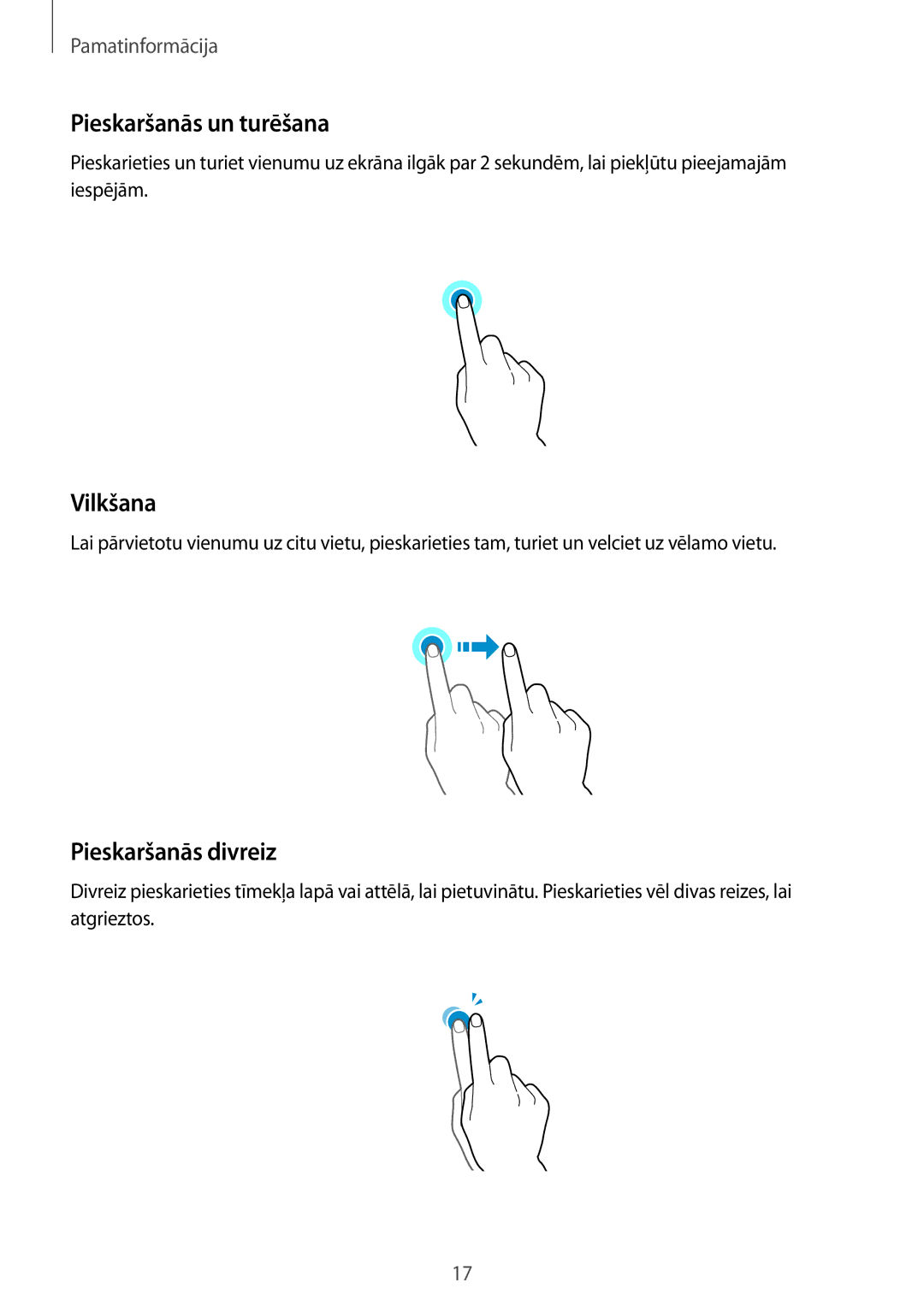Samsung SM-A310FZDASEB, SM-A310FZKASEB manual Pieskaršanās un turēšana, Vilkšana, Pieskaršanās divreiz 