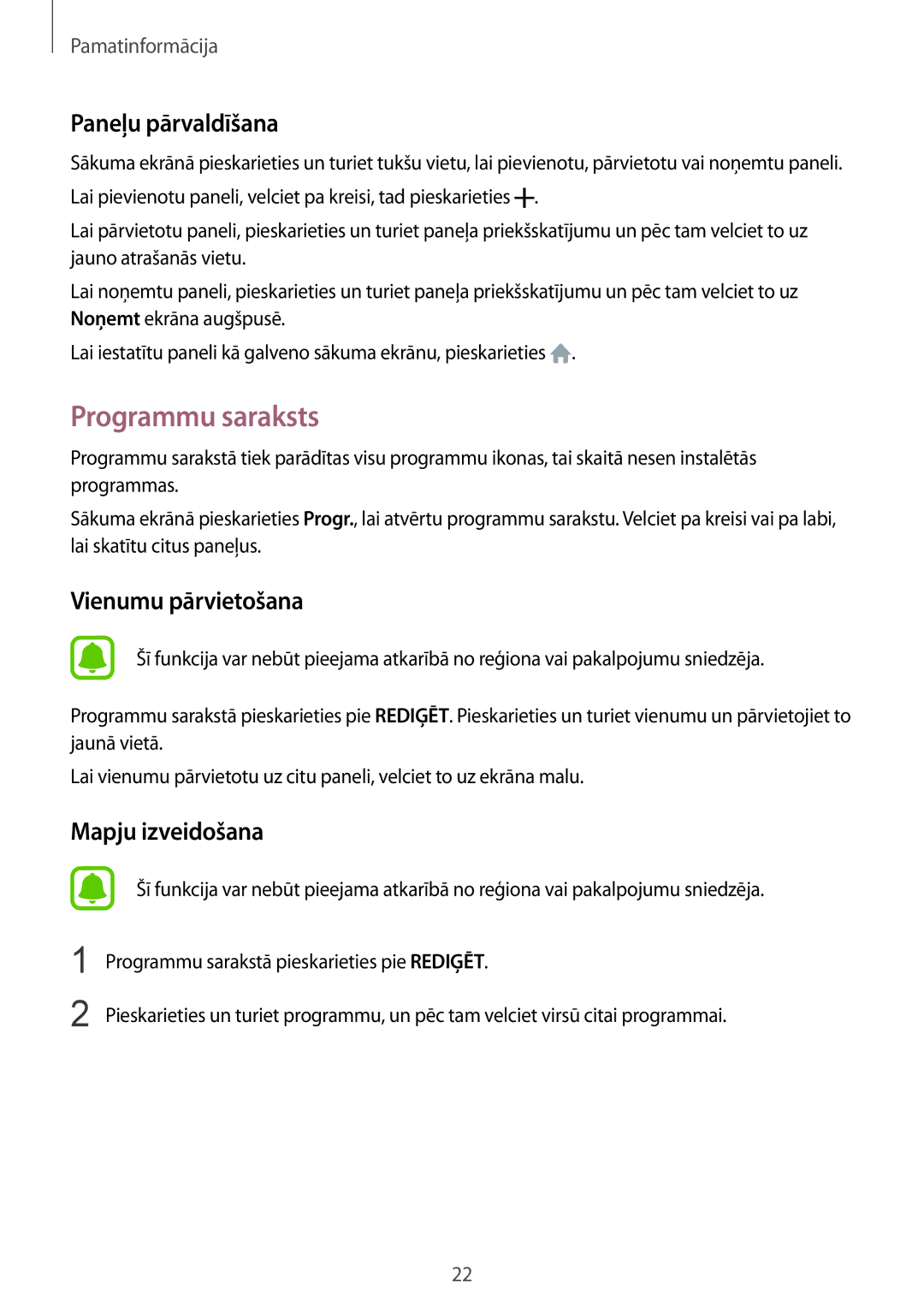 Samsung SM-A310FZKASEB, SM-A310FZDASEB manual Programmu saraksts, Paneļu pārvaldīšana, Vienumu pārvietošana 