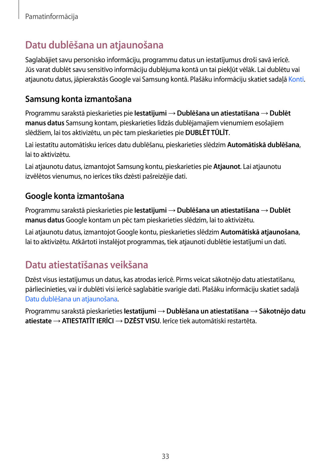 Samsung SM-A310FZDASEB manual Datu dublēšana un atjaunošana, Datu atiestatīšanas veikšana, Samsung konta izmantošana 