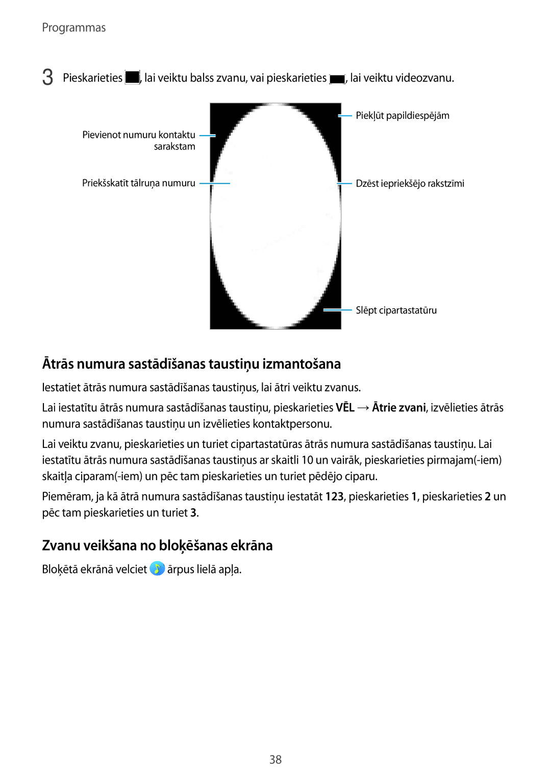 Samsung SM-A310FZKASEB, SM-A310FZDASEB Ātrās numura sastādīšanas taustiņu izmantošana, Zvanu veikšana no bloķēšanas ekrāna 