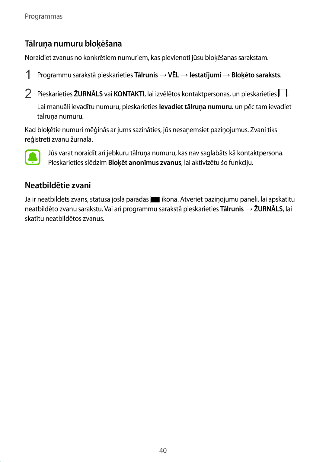 Samsung SM-A310FZKASEB, SM-A310FZDASEB manual Tālruņa numuru bloķēšana, Neatbildētie zvani 