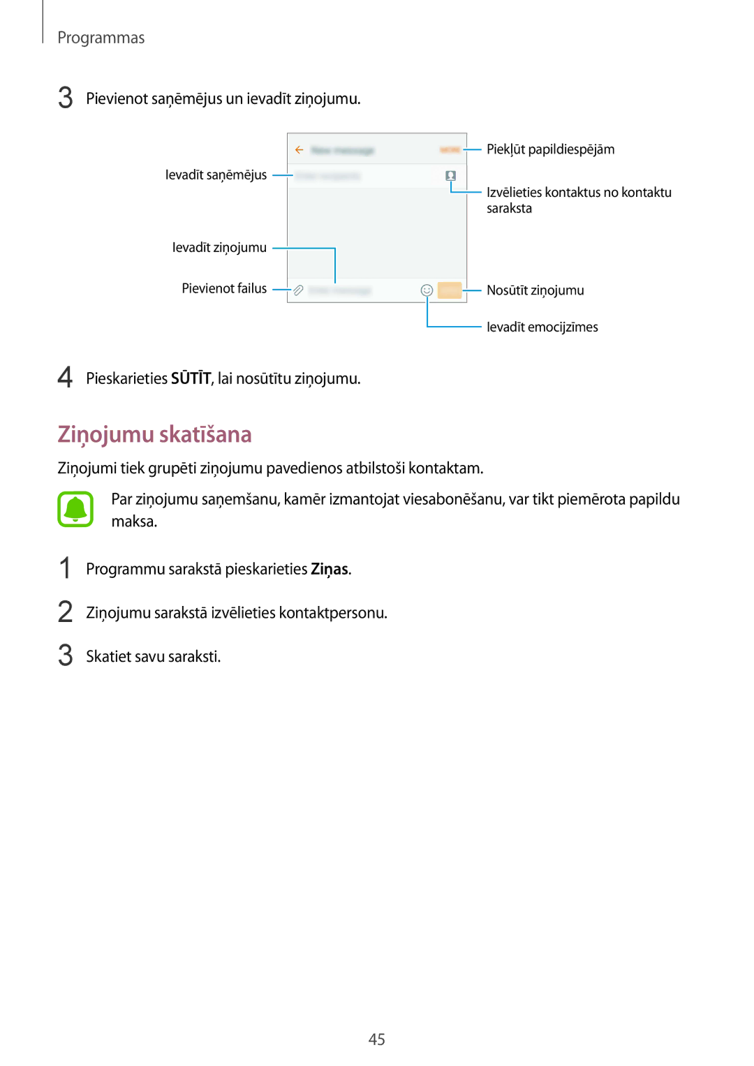 Samsung SM-A310FZDASEB, SM-A310FZKASEB manual Ziņojumu skatīšana, Pievienot saņēmējus un ievadīt ziņojumu 