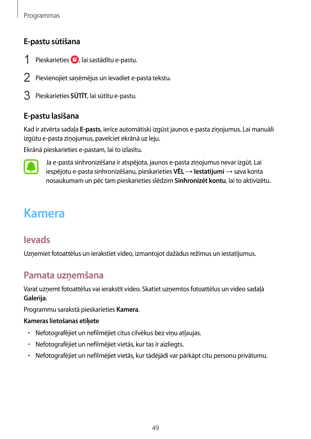 Samsung SM-A310FZDASEB, SM-A310FZKASEB manual Kamera, Pamata uzņemšana, Pastu sūtīšana, Pastu lasīšana 