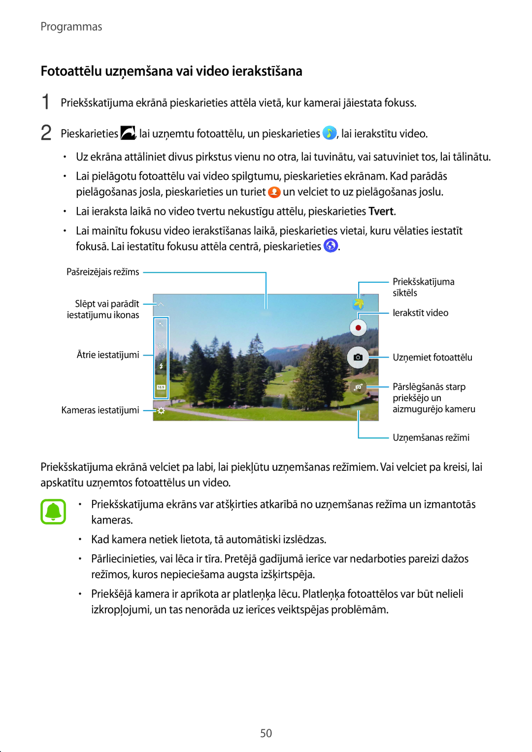 Samsung SM-A310FZKASEB, SM-A310FZDASEB manual Fotoattēlu uzņemšana vai video ierakstīšana 