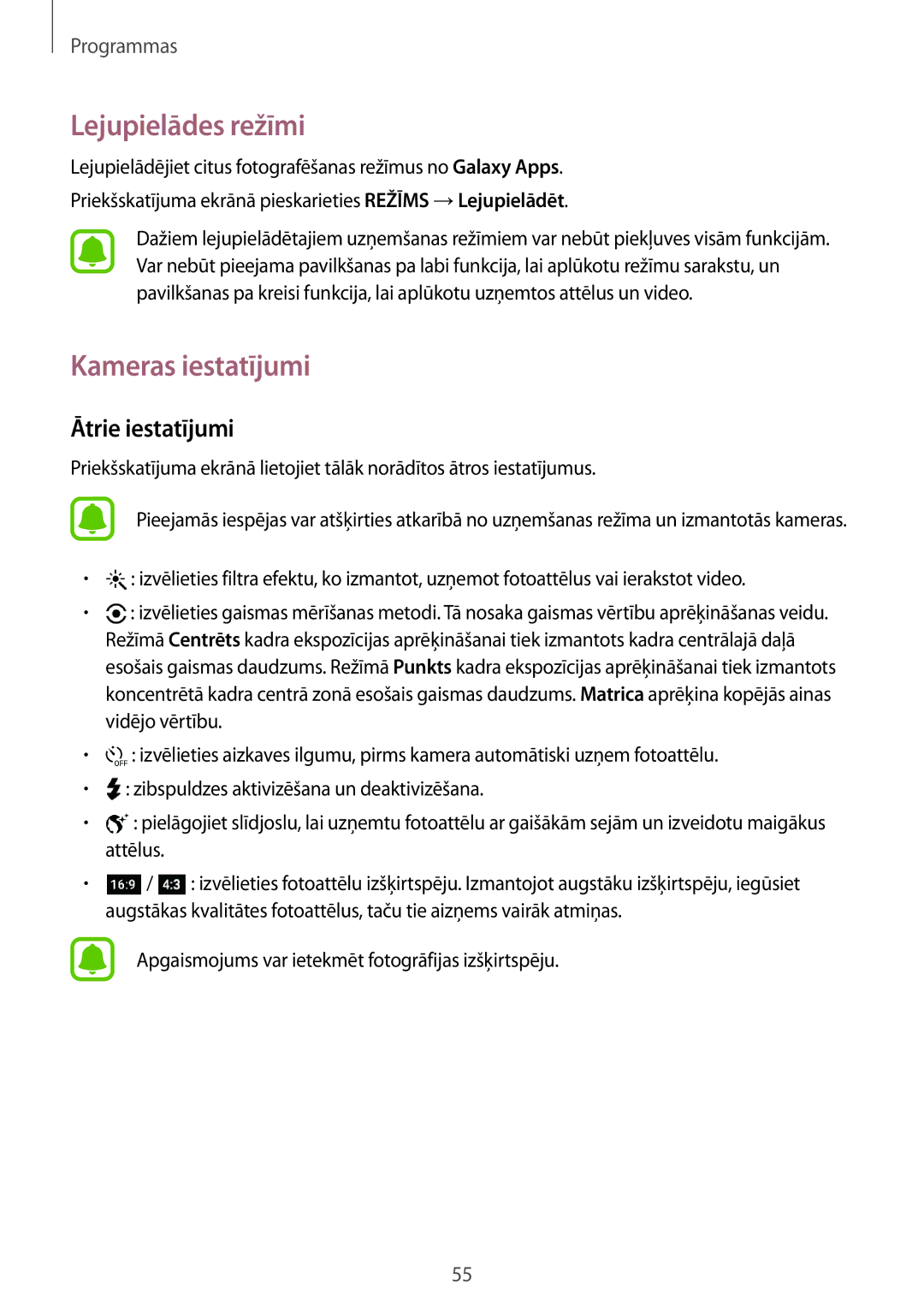 Samsung SM-A310FZDASEB, SM-A310FZKASEB manual Lejupielādes režīmi, Kameras iestatījumi, Ātrie iestatījumi 