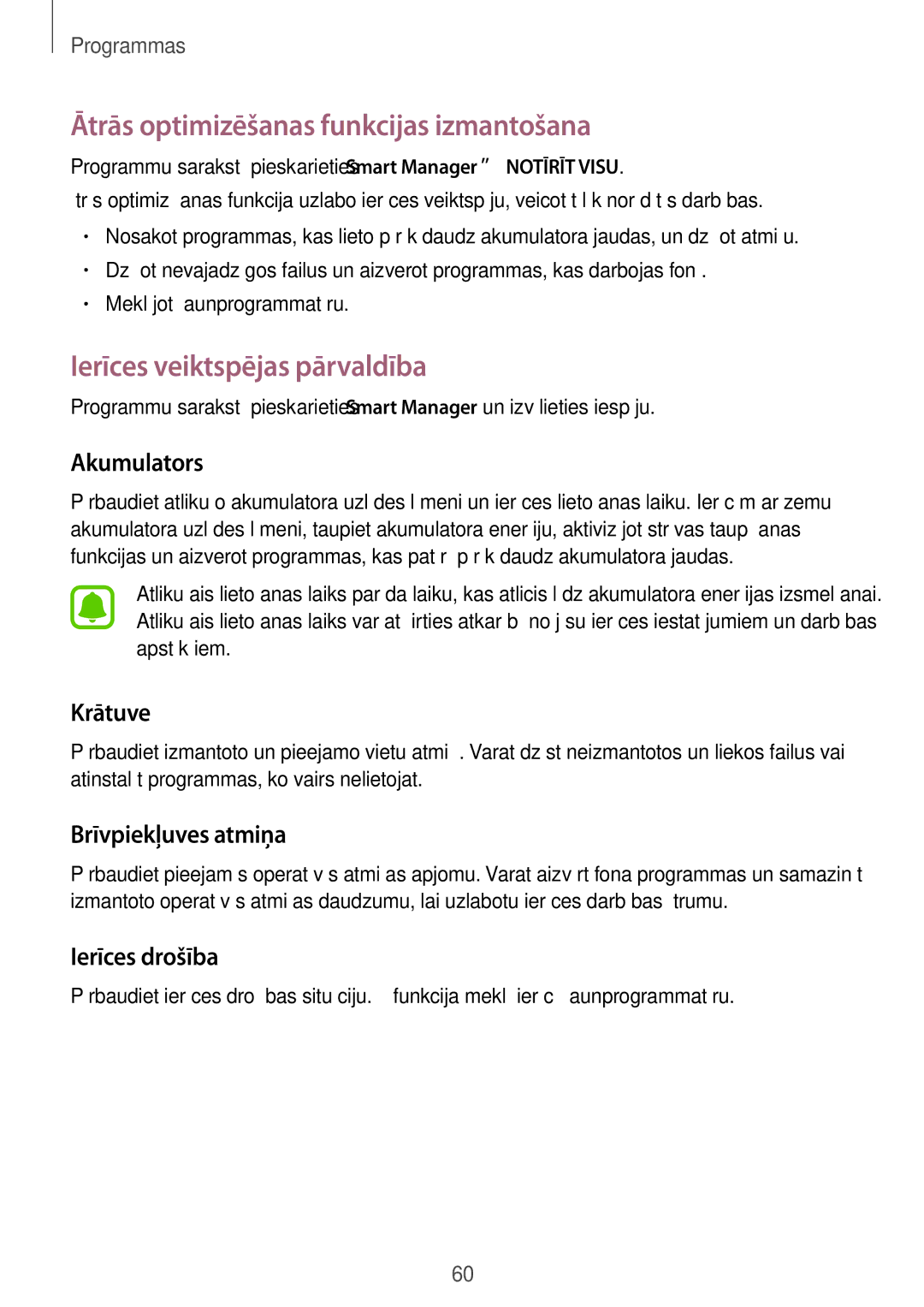 Samsung SM-A310FZKASEB, SM-A310FZDASEB manual Ātrās optimizēšanas funkcijas izmantošana, Ierīces veiktspējas pārvaldība 