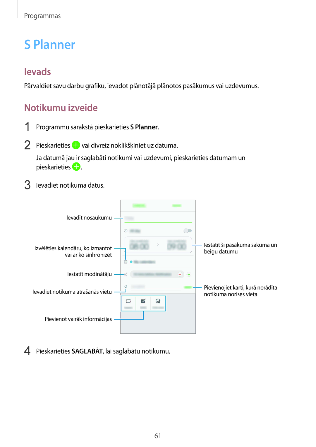 Samsung SM-A310FZDASEB, SM-A310FZKASEB manual Planner, Notikumu izveide 