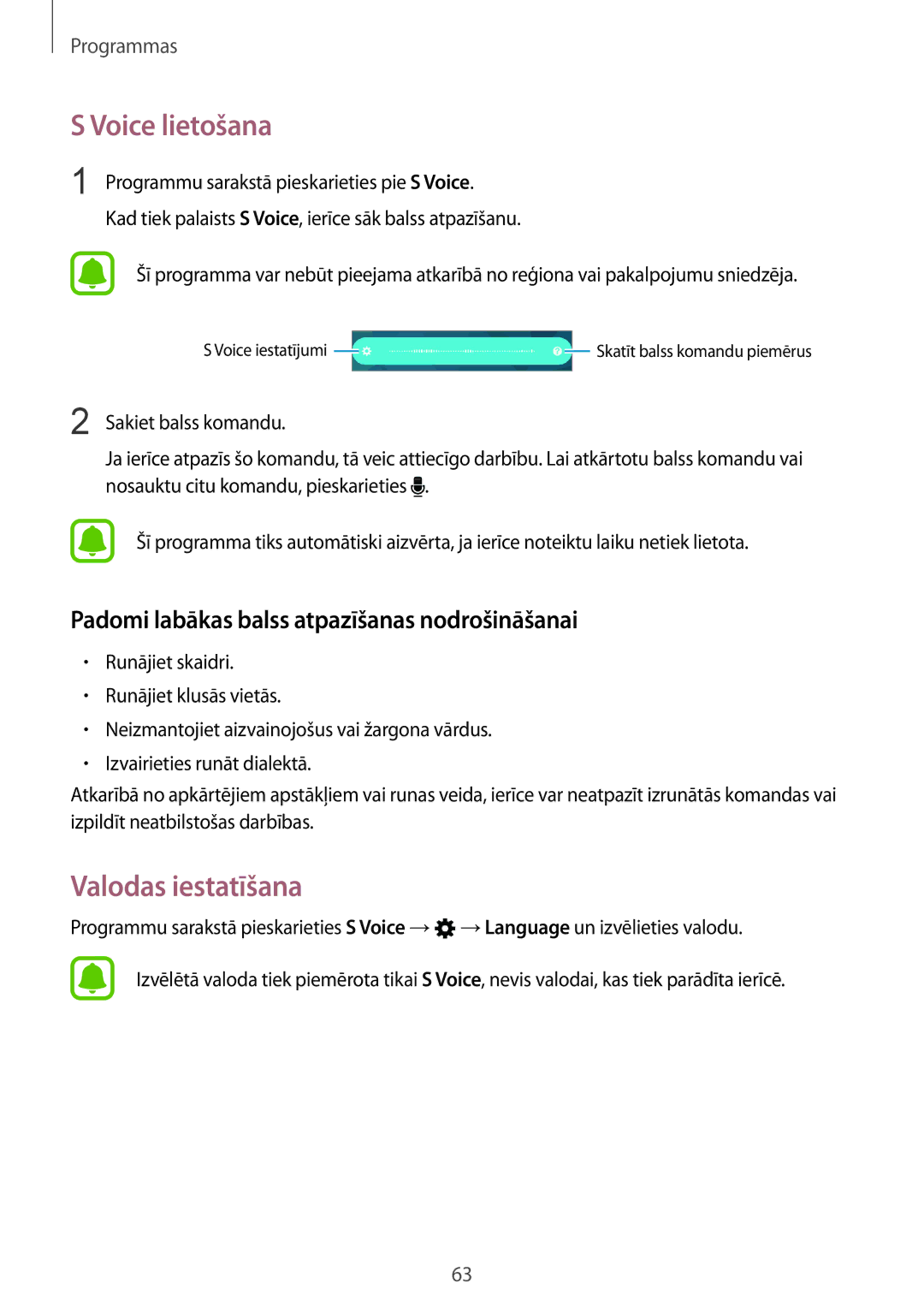 Samsung SM-A310FZDASEB manual Voice lietošana, Valodas iestatīšana, Padomi labākas balss atpazīšanas nodrošināšanai 