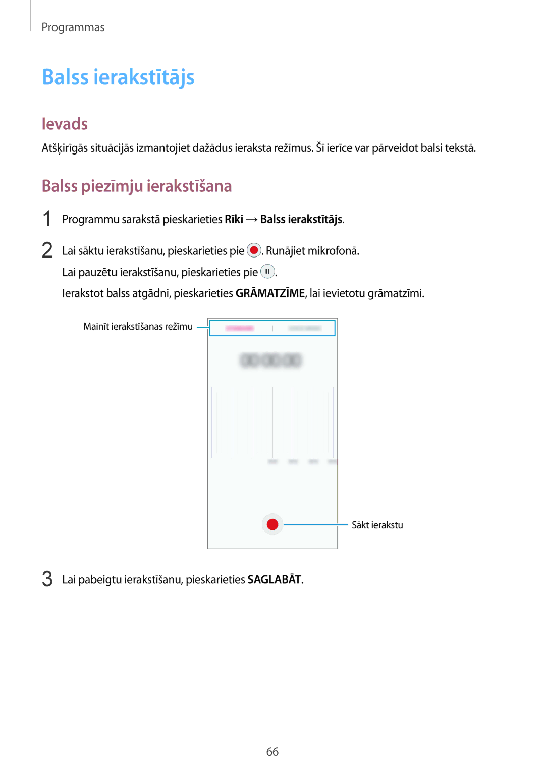 Samsung SM-A310FZKASEB, SM-A310FZDASEB manual Balss ierakstītājs, Balss piezīmju ierakstīšana 