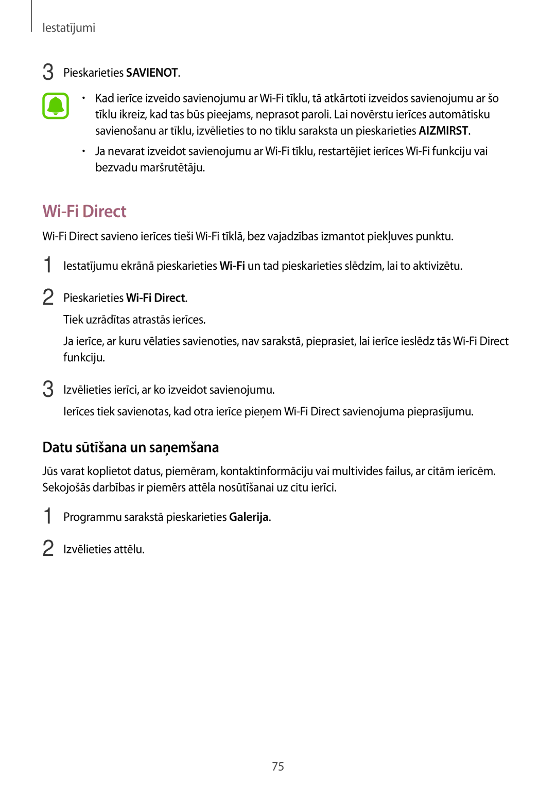 Samsung SM-A310FZDASEB, SM-A310FZKASEB manual Wi-Fi Direct, Datu sūtīšana un saņemšana 