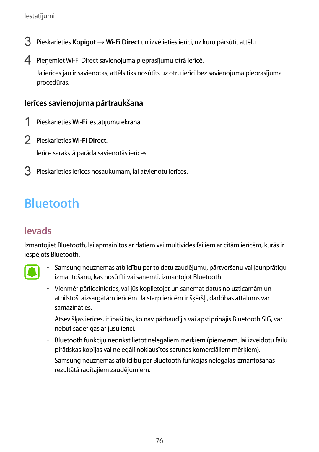 Samsung SM-A310FZKASEB, SM-A310FZDASEB manual Bluetooth, Ierīces savienojuma pārtraukšana 