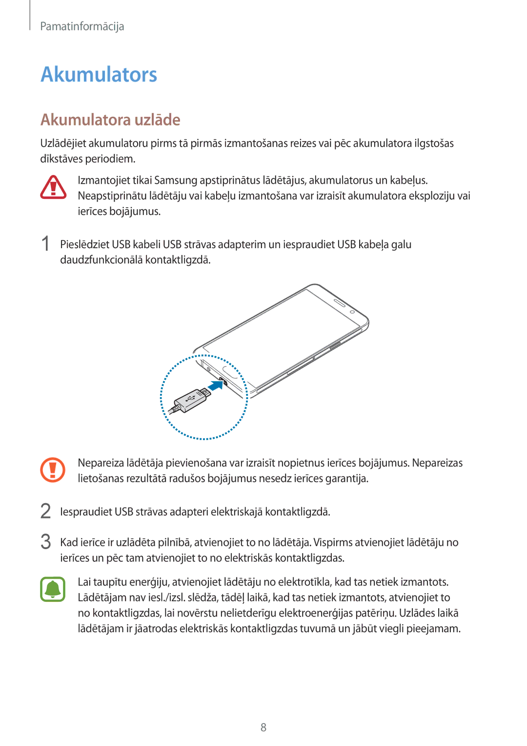 Samsung SM-A310FZKASEB, SM-A310FZDASEB manual Akumulators, Akumulatora uzlāde 