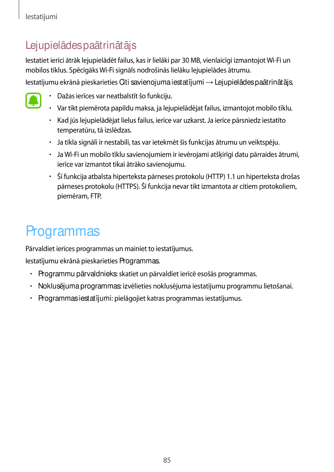 Samsung SM-A310FZDASEB, SM-A310FZKASEB manual Programmas, Lejupielādes paātrinātājs 